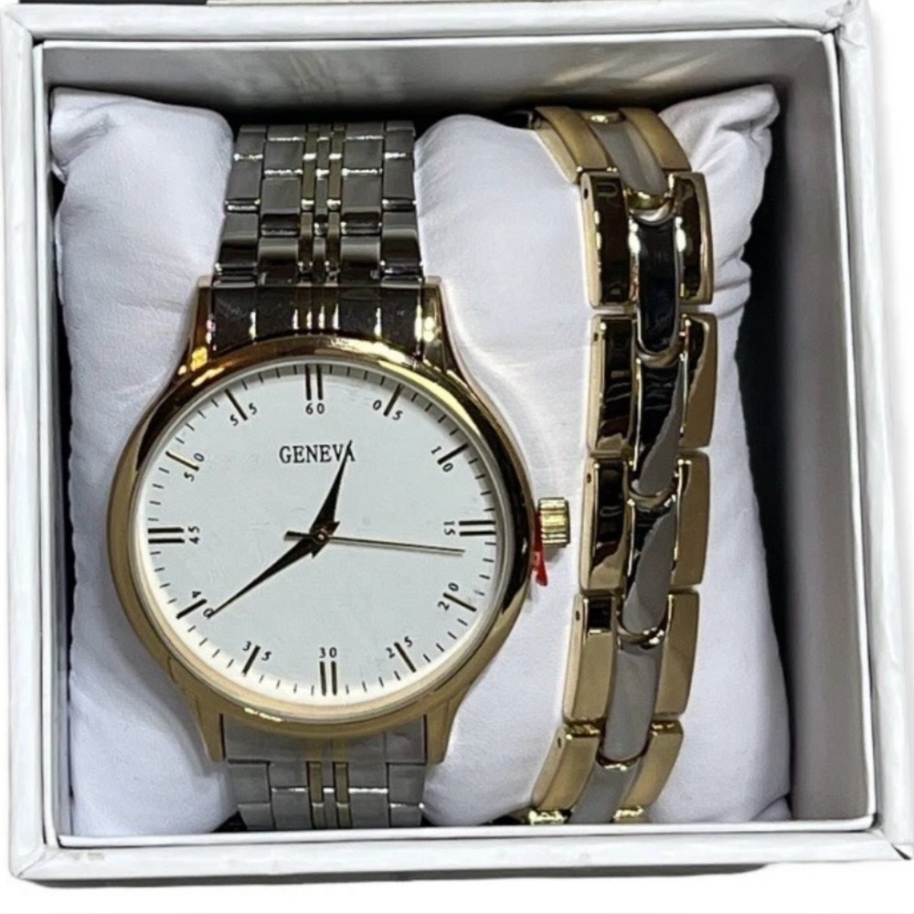 Men's Geneva Analog Silver Gold Wrist Watch with Bracelet In Box